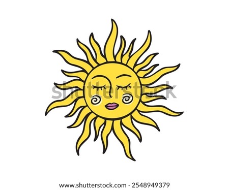Sun face doodle element. Mystical yellow cartoon whimsical boho style sun, sunshine space cosmic line icon. Vector illustration