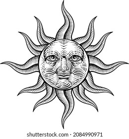 A Sun Face Drawing In A Woodcut Engraving Retro Vintage Style