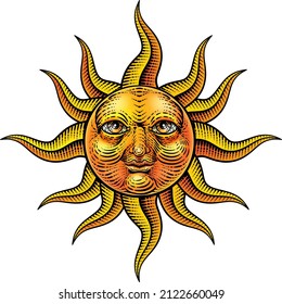 A sun face drawing in a woodcut engraving retro vintage style