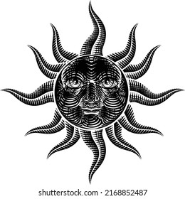 A sun face drawing in a woodcut engraving retro vintage style