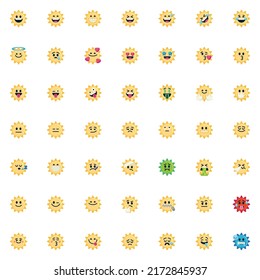 Sun face emoticon flat icons set, Colorful symbols pack contains - Winking Sun Face emoji, Blowing a Kiss smiley, Savoring Food, Money-Mouth, Neutral emotion. Vector illustration. Flat style design svg