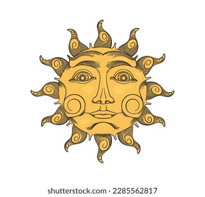 Sun with a face. Engraving drawing technique. Vintage astronomy illustration. Vector design elements