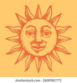 Sun with a face engraving style hand draw