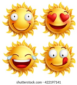 Sun face with funny facial expressions for summer. Set of glossy 3D realistic vector illustration isolated in white background
