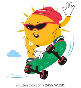 The sun with a face, in glasses, in a hat on a skateboard in a dynamic perspective. The character of the Sun in a cartoon style. Sticker, Poster Sun with a face, in stylish sneakers on a skateboard