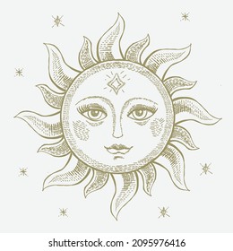 Sun face hand drawing engraving style, Engaraving sun symbol with opened eyes astrology Esoteric vector illustration.