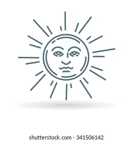 Sun face icon with rays concept symbol. Thin line icon on white background. Vector illustration.