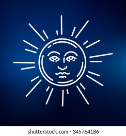 Sun face icon symbol. Thin line icon on blue background. Vector illustration.