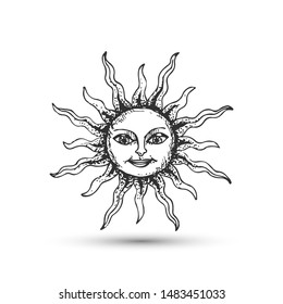 Sun with face icon. Thin line vector astrology Sun illustration. 10 eps design for logo, emblem, label, banner.