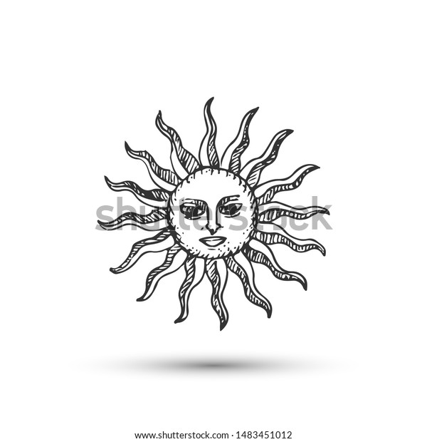 太陽と顔のアイコン 細い線のベクター画像星占いのサンイラスト ロゴ エンブレム ラベル バナー用の10 Epsデザイン のベクター画像素材 ロイヤリティフリー