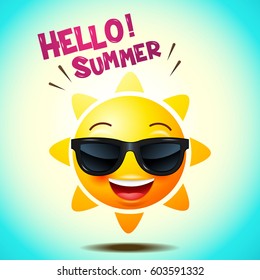 Sun Face Icons Or Yellow , Funny Faces In Realistic . Emoji . Hello Summer. Vector Illustration