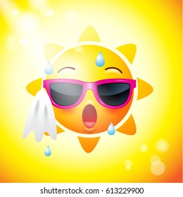 Sun Face Icons Or Yellow , Funny Faces In Realistic . Emojis .hot Summer. Vector Illustration