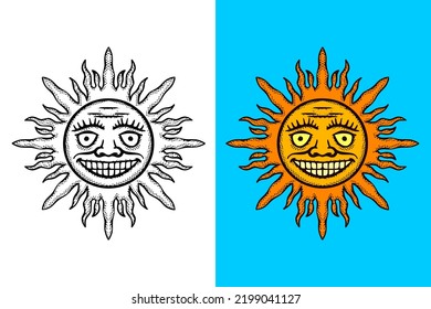 Sun face Illustration hand drawn cartoon vintage style vector