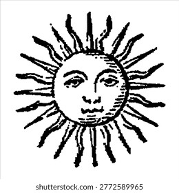 Sun face illustration with rays celestial illustration engraving monochrome astronomy radiance elemental mythology folklore silhouette
