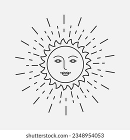 Sun face line art icon. Mystical element for design, boho logo, tattoo. Celestial Bohemian symbol.  Vector illustration