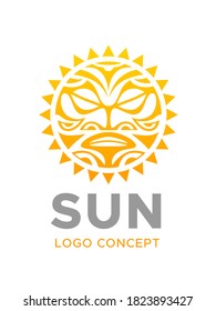 Sun face logo graphic design concept. Editable yellow and orange sun element in maori ethnic tribal style, can be used as logotype, icon, template in web and print.