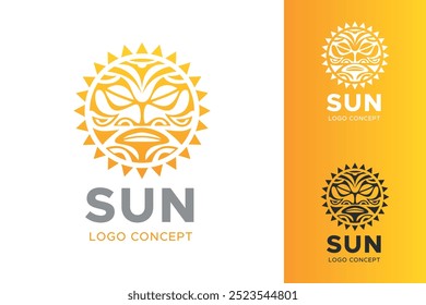 Sun face logo graphic design concept. Editable yellow and orange sun element in maori ethnic tribal style, can be used as logotype, icon, template in web and print.