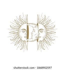 Sun Face And Moon Face. Magic Occult Tarot Cards, Esoteric Boho Spiritual Tarot Reader, Magic Card Astrology, Drawing Spiritual Posters.