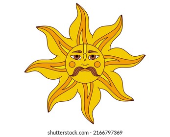 Sun with face and mustache. Vector illustration. Hindu God Surya.