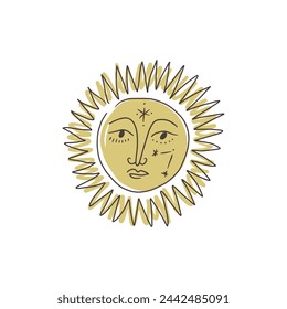 Sun face mystical cartoon doodle isolated sticker in whimsical boho style, design element, tiny minimalistic vector illustration isolated on white background