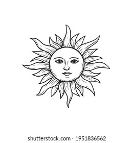 The Sun with face. Mystical heaven hand drawn illustration. Sketch style. Astrology and witchcraft symbol. Engrave vintage stylized. Vector drawing.