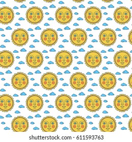 Sun with face on background of clouds. Pattern line flat vector illustration. Day of spring equinox and autumn equinox. Children doodle textile style.