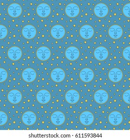 Sun with face on background of clouds. Pattern line flat vector illustration. Day of spring equinox and autumn equinox. Children doodle textile style.