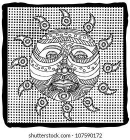 sun face on pattern background-sun character face black and white