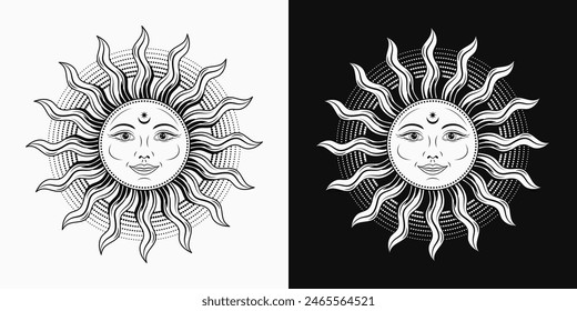 Sun with face, open eyes, smile. Mythological fairytale character, alchemy and astrology symbol. Solar sign. Illustration in vintage style. Groovy, boho, hippie style, kids design