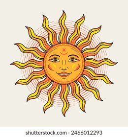 Sun with face, open eyes, smile. Mythological fairytale character, alchemy and astrology symbol. Solar sign. Illustration in vintage style on white background. Groovy, boho, hippie style, kids design