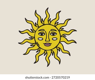 Sol com rosto ornamentado, boho místico bruxo mão desenhado estilo. Ilustração vetorial.