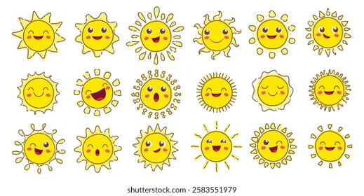 Sun face outline clipart set. Happy emoticon sunshine drawing clip art with different rays and yellow bright icon collection vector illustration. 