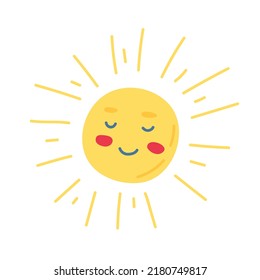 The sun with a face, painted in a doodle style. Spring collection. Flat vector illustration