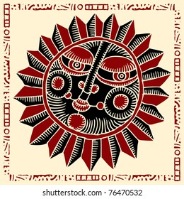 sun face red and black woodcut