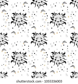 Sun face seamless pattern. Modern stylish black and white design. Vector illustration.