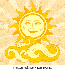 Sun with face. Shrovetide or Maslenitsa. Postcard with traditional symbol. Wide Pancake week. Vector illustration.