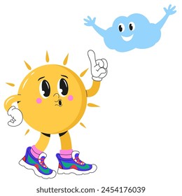 El sol con cara, en zapatillas de deporte con estilo y con una nube. El personaje Sun en un estilo de dibujos animados con gafas. Pegatina, póster, impresión, Plantillas de diseño. Ilustración vectorial dibujada a mano