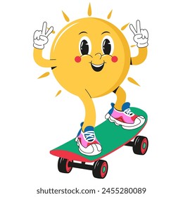 Sun with a face, in stylish sneakers on a skateboard. Sun character in cartoon style. Sticker, poster, print, design templates. Hand drawn vector illustration