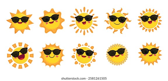 Sun face sunglasses clipart set. Yellow sun drawing characters wearing sunglasses clip art collection in cool and happy facial expression vector illustration.  