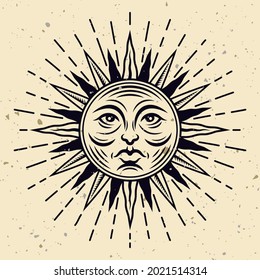 Sun face tattoo with rays vector mystical illustration in vintage style on background with grunge textures