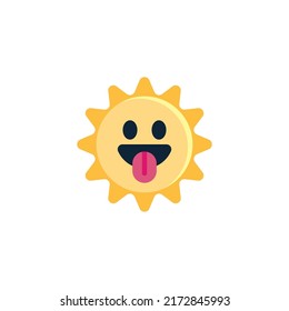 Cara solar con icono plano de lengua, signo vectorial, pictograma colorido aislado en blanco. Símbolo, ilustración del logotipo. Diseño de estilo plano