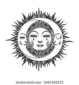 Sun with face and two crescents, moon phases, eclipse symbol, astrological boho tattoo for witch. Modern hand drawn icon for zodiac and horoscope, Vintage vector logo.