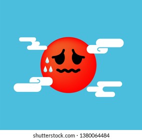 Sun face with unhappy expressions for summer. It is so hot.  Isolated on blue Background. Vector Illustration.