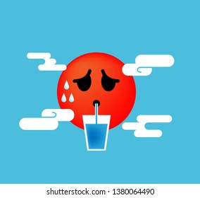 Sun face with unhappy expressions for summer. It is so hot. Isolated on blue Background. Vector Illustration.