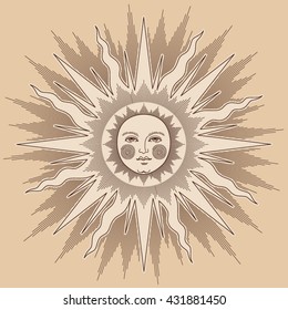 The sun with the face, vintage  illustration for decoration of map