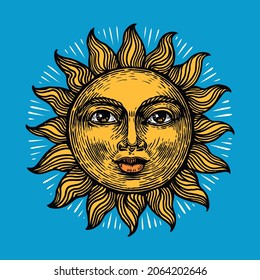 Sun With Face, Vintage Vector Illustration For Decoration