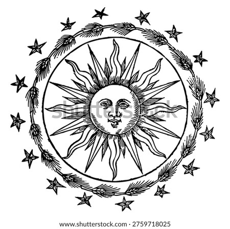 Sun Face within Circular Wreath and Stars, Celestial Renaissance Symbol, Vintage Engraving Vector