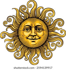 A sun face woodcut man original illustration in a vintage etching style
