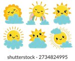 Sun with faces and cloud clipart set. Sun with faces behind the cloud clip art yellow Sun characters logotype drawing elements collection vector illustration.
