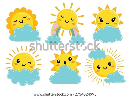 Sun with faces and cloud clipart set. Sun with faces behind the cloud clip art yellow Sun characters logotype drawing elements collection vector illustration.
